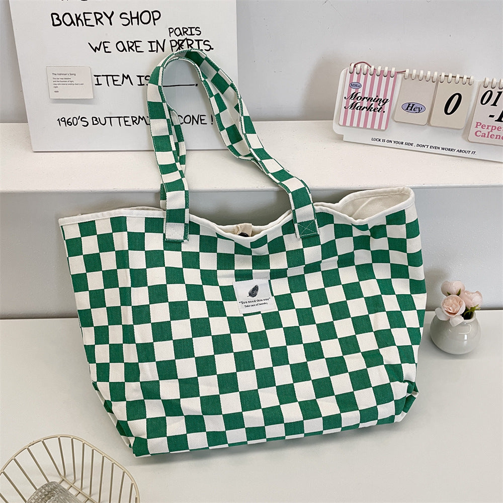 Retro Green Plaid Canvas Commuter Tote