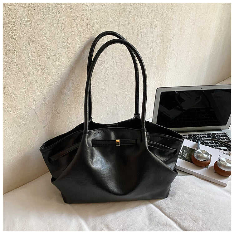 Soft PU Leather Shoulder Tote with Folded Side Details