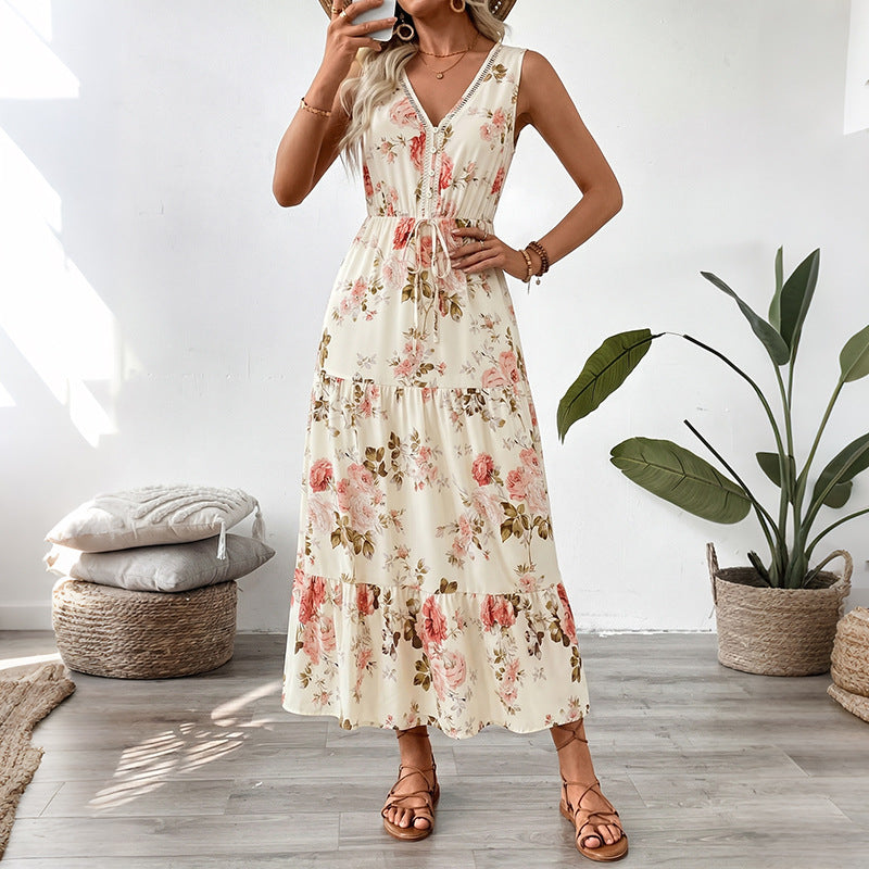 Women Summer Sleeveless Lace V Neck Floral Elegant Dress