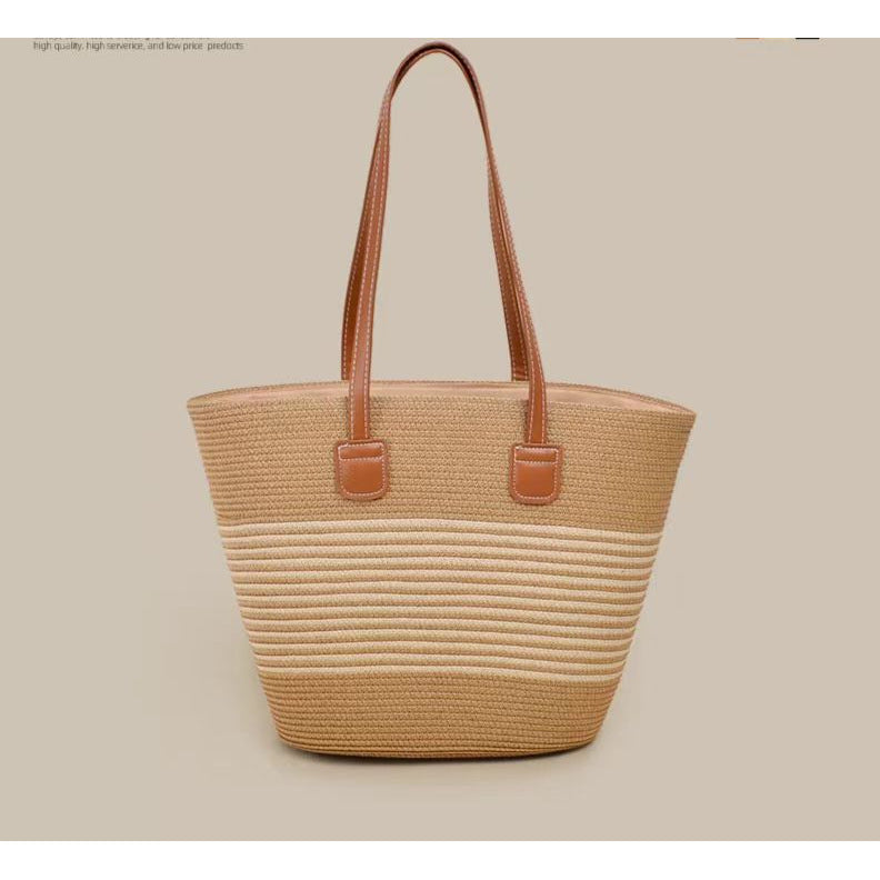 Women Straw Beach Black Stripe 2026 New Casual Summer Shoulder Tote Bag