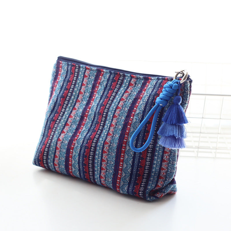Women Colorful Stripe Tassel Handheld Ethnic Zipper Travel Pouch