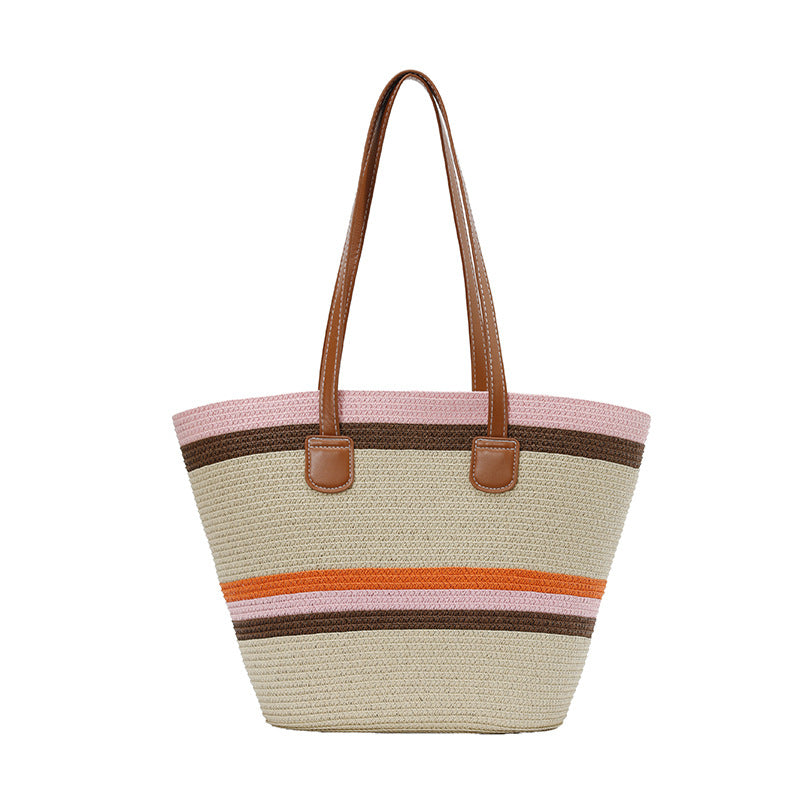 Color-Block Striped Large Capacity Straw Beach Tote