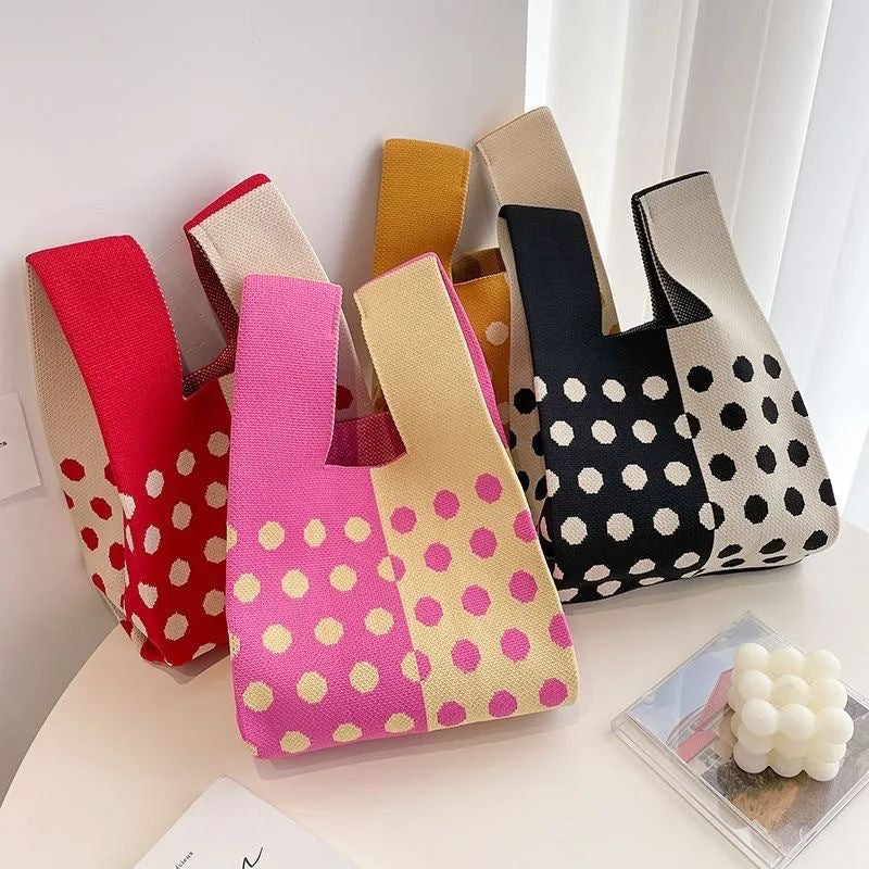 Polka Dot Knit Tote Bag with Wide Handles