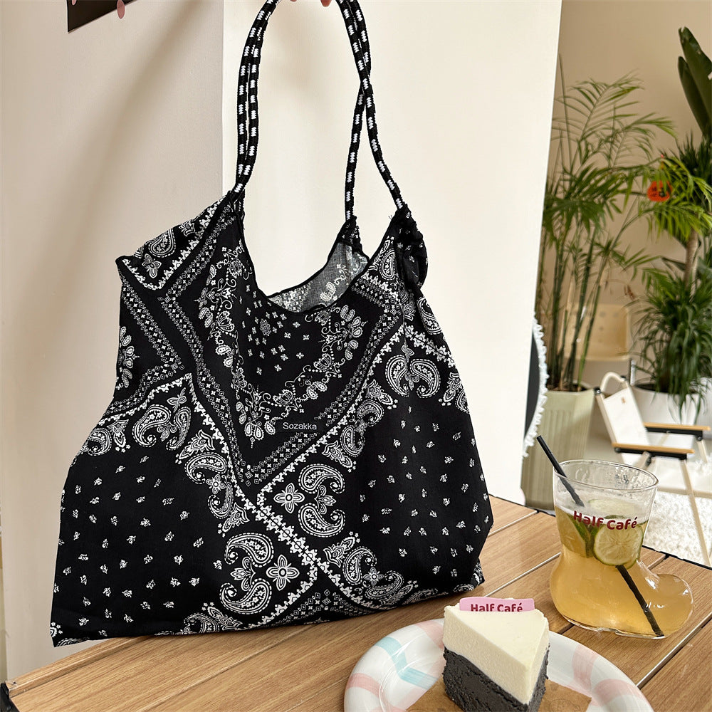 Korean Large Capacity Drawstring Floral Tote Bag