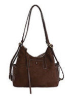 Vintage Faux Suede Slouchy Hobo Shoulder Bag with Drawstring Details