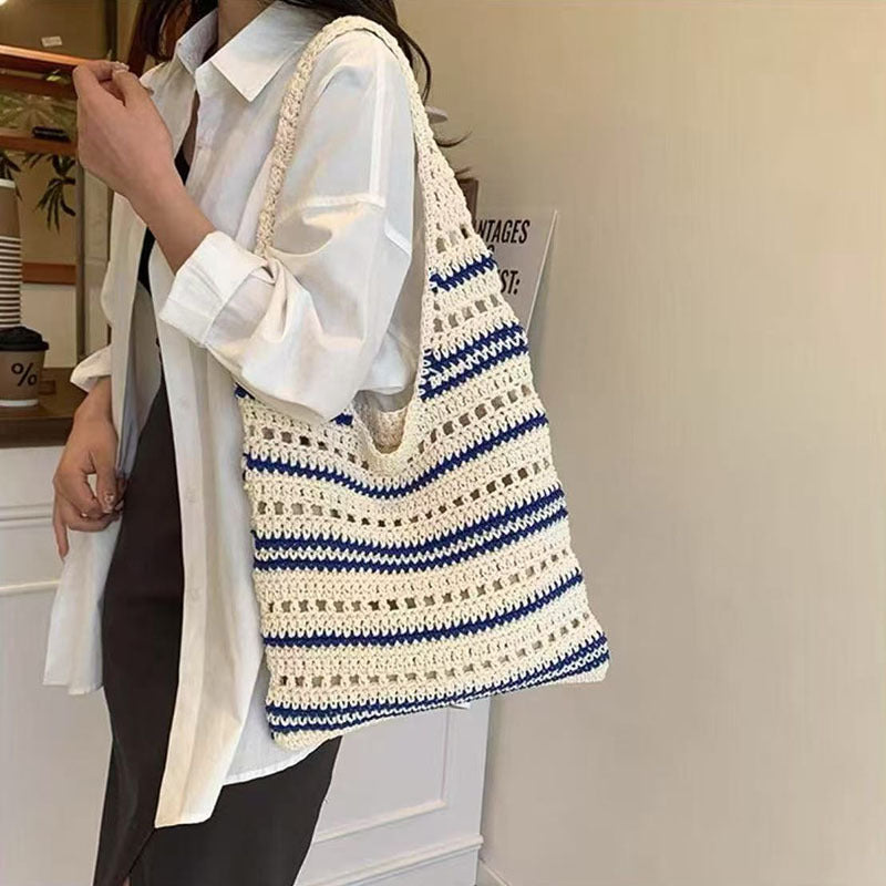 Striped Shoulder Cotton Woven New Large Hollow Straw Beach Bag