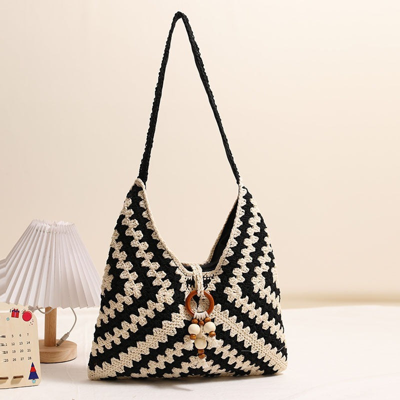 Ethnic One-Shoulder Cotton Woven Plaid Straw Beach Bag
