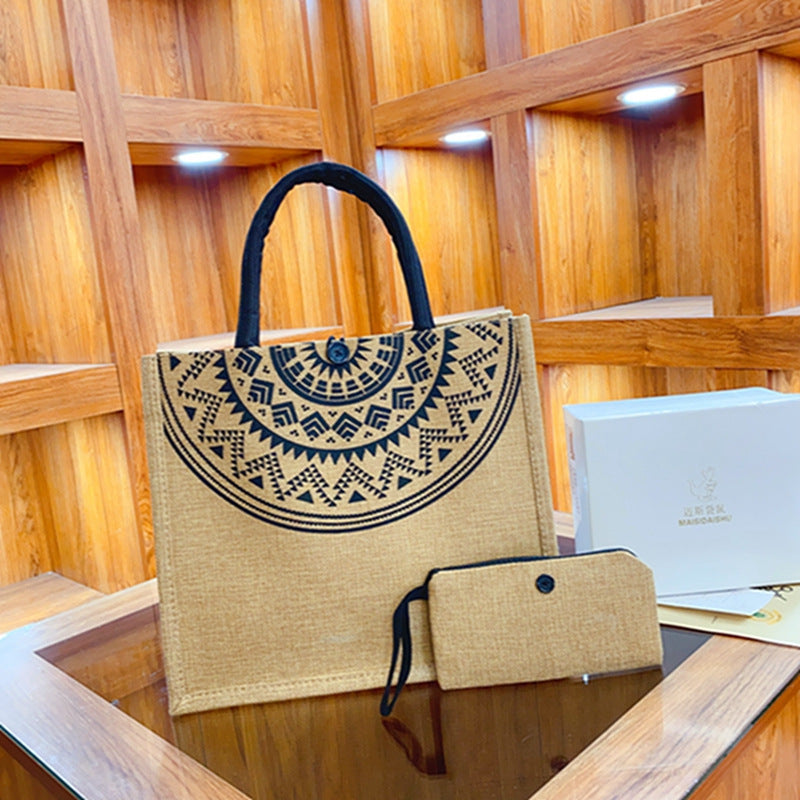 Women Large Capacity Linen Lunch Hand Bag