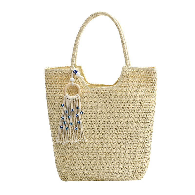 Woven Large Tote with Boho Tassel Charm