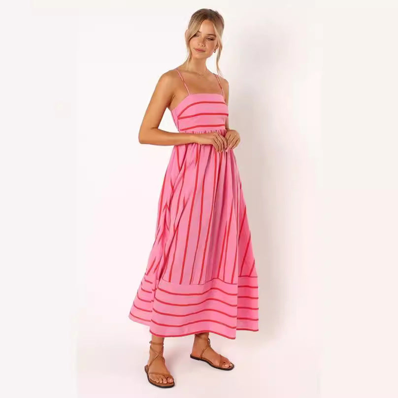 Striped Suspender Backless Large Swing Fresh Dress