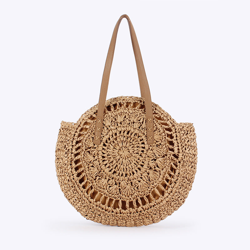 Women Simple Round Paper Rope Woven Shoulder Fashion Seaside Beach Vacation Bag