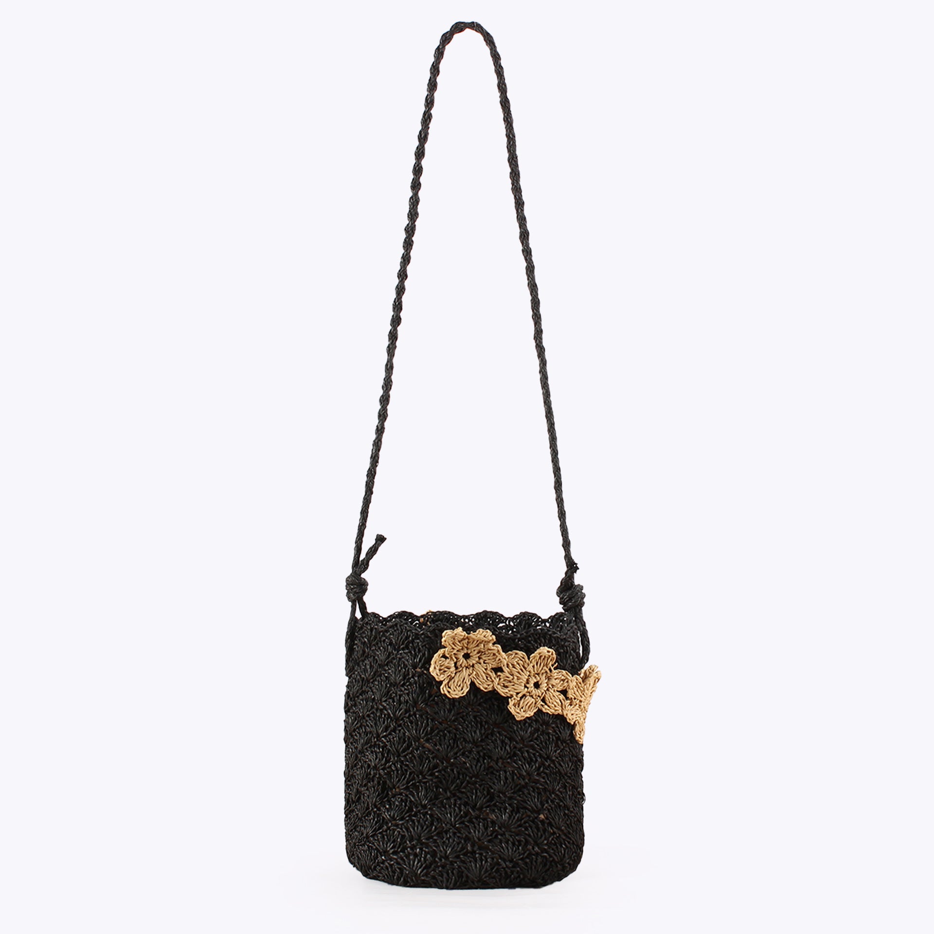 Crochet Floral Bucket Woven Paper Crossbody Bag