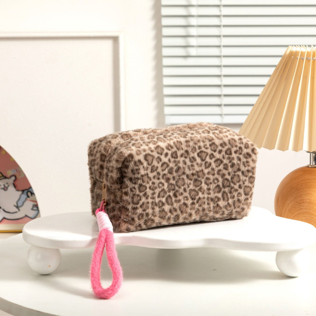 Leopard Print Plush Cosmetic Bag Large Capacity Portable Toiletry Bag