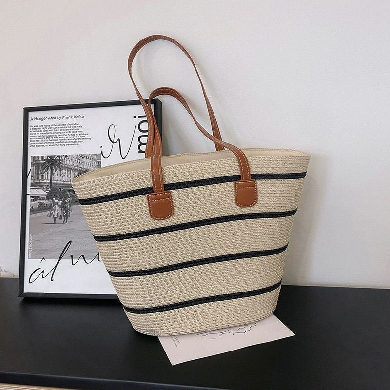 Women Straw Beach Black Stripe 2026 New Casual Summer Shoulder Tote Bag