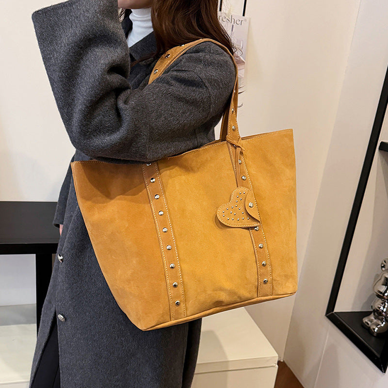 Vintage Suede-Look Studded Tote Bag with Heart Charm