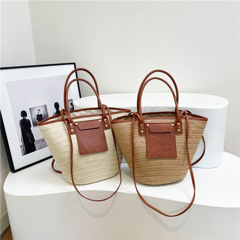 Women Travel Vacation Straw 2026 Summer New Fashion Woven Handheld Large Tote Bag