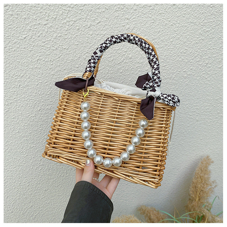 Handwoven Rattan Straw Pearl Beach Bag