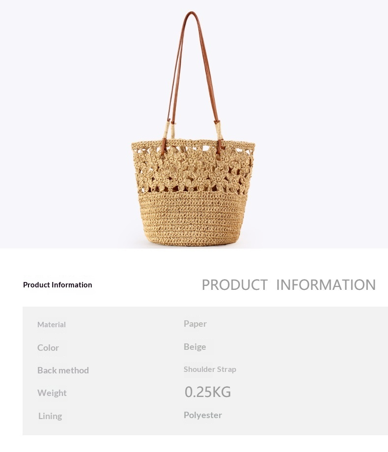 Crochet Paper Openwork Floral Shoulder Straw Tote Bag