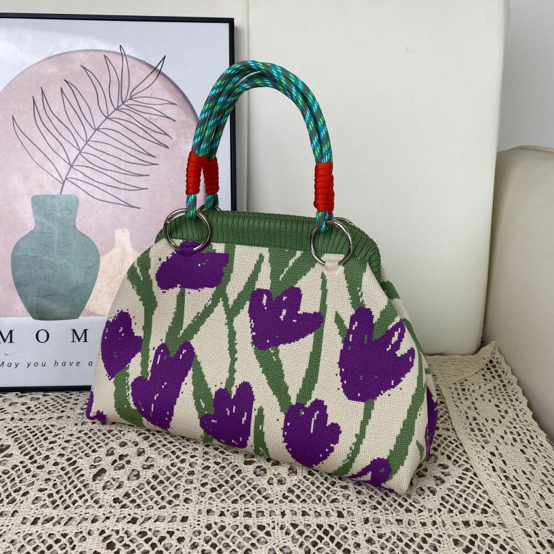 Geometric Woven Rope Handle Dumpling Top Handle Bag