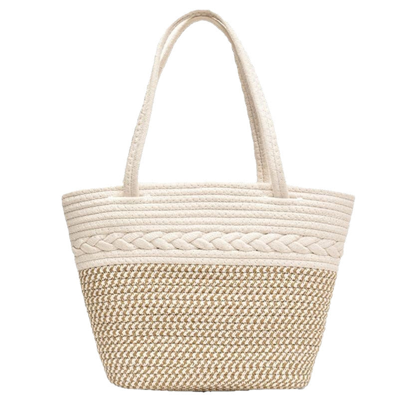 2026 New Simple Rounded Straw Woven Cotton Rope Holiday Commuter Tote Bag
