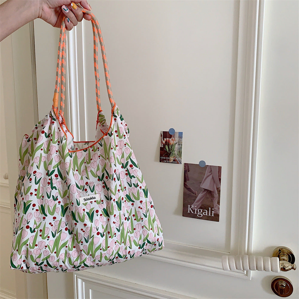 Korean Large Capacity Drawstring Floral Tote Bag
