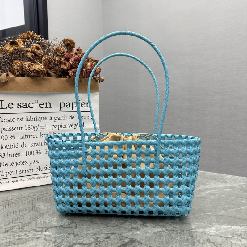 Candy Color Hollow Woven One-Shoulder Beach Bag