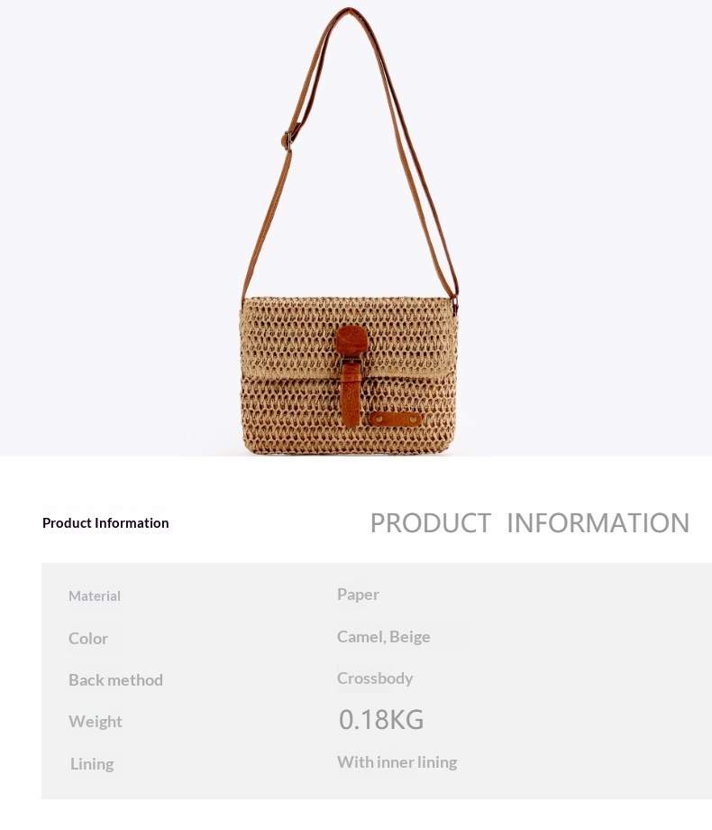 Boho Woven Paper Straw Adjustable Flap Shoulde Crossbody Bag