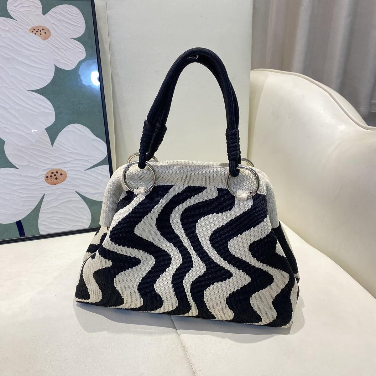 Retro Houndstooth Knitted Dumpling Style Tote Handbag