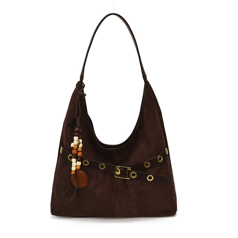 Soft Suede Texture Shoulder Bag with Studded Belt Detail
