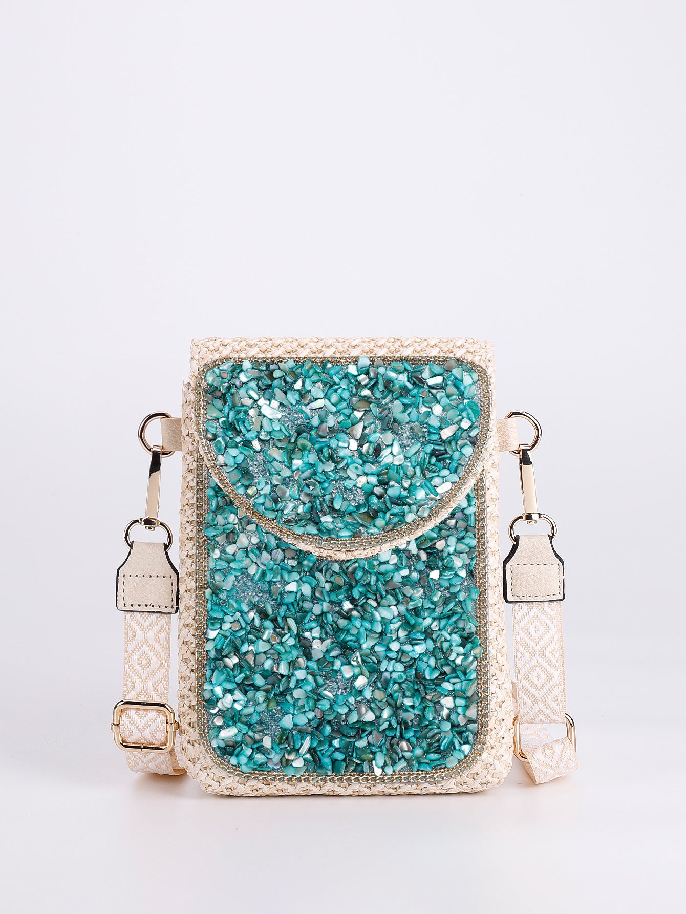 Women Luxury Straw Crossbody Bag, Fashion Beaded Woven Phone Shoulder Bag