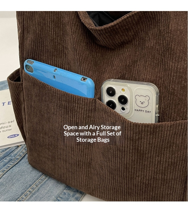 Large Corduroy Multi Pocket Convertible Shoulder Tote Bag