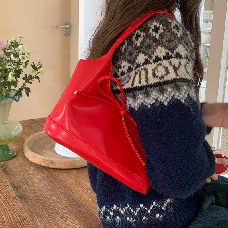 Women Retro Red Bow Large Capacity Shoulder Tote Bag