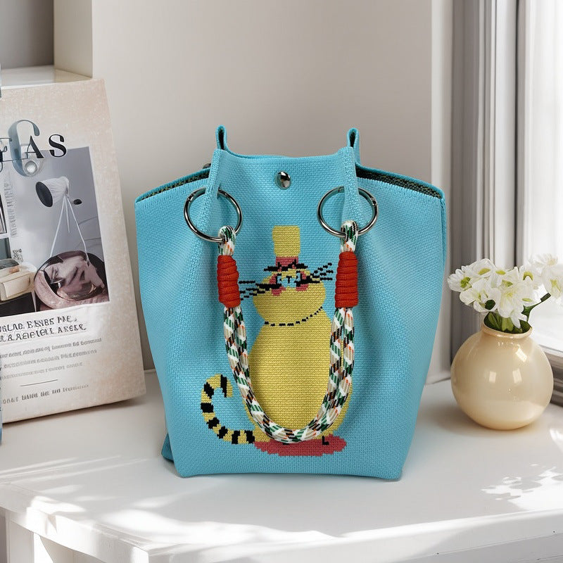 Graphic Jacquard Ring Handle Bucket Tote Bag
