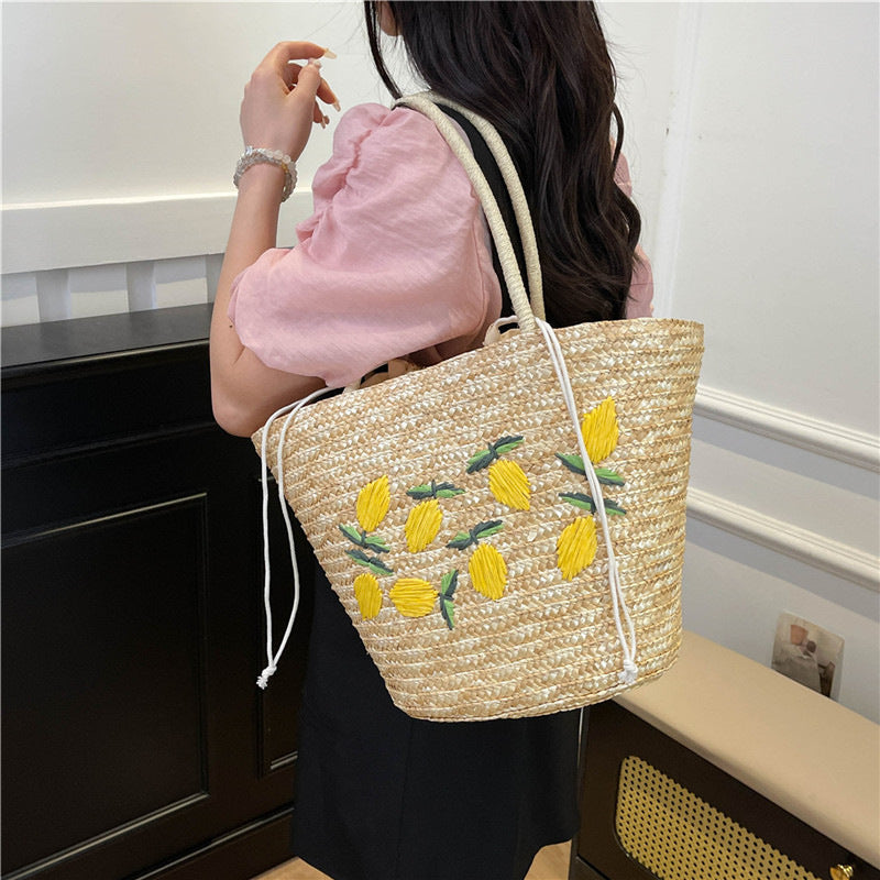 Lazy Casual Heavy Embroidery Hand-Woven Straw Shoulder Tote Bag