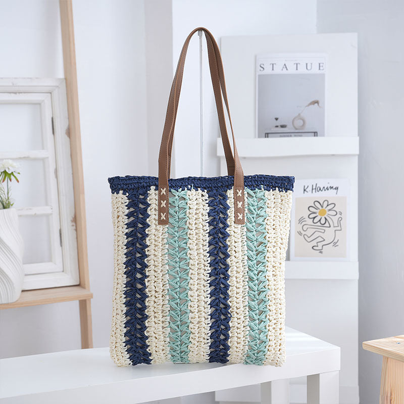 Casual Woven Striped Long Shoulder Handles Tote Bag