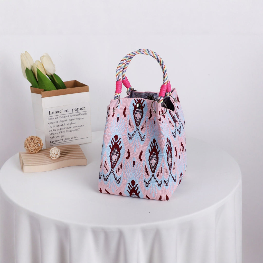 Boho Geometric Knit Tote Bag with Rope Handles
