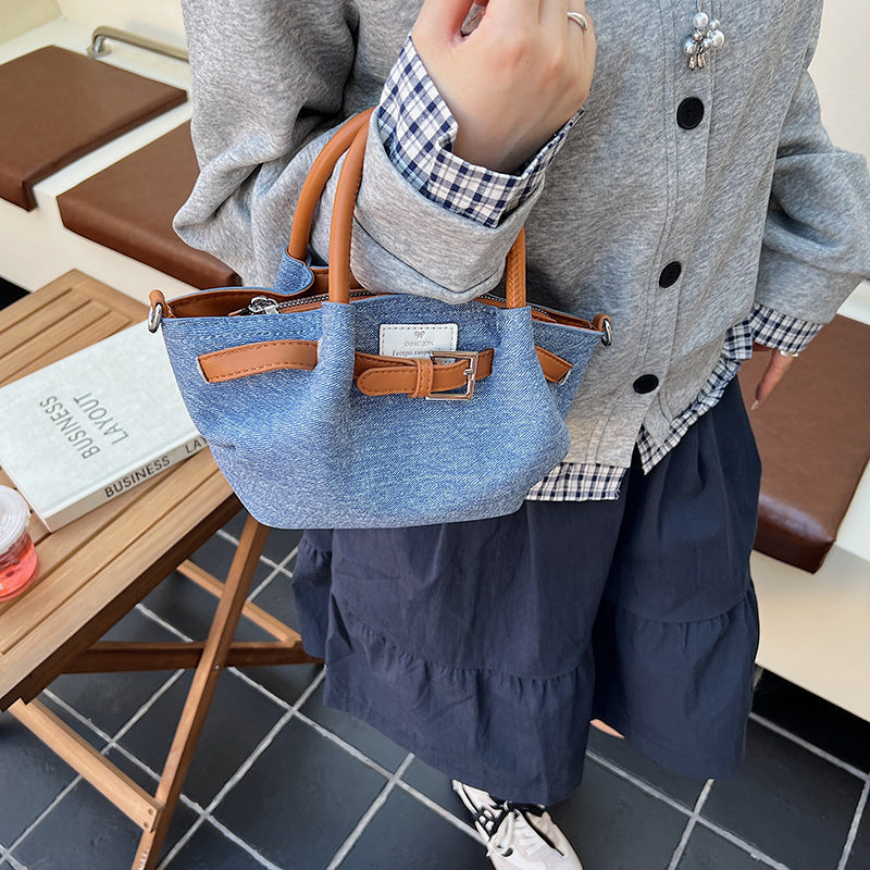 Women Casual Color Block Denim gathered Shoulder Bag