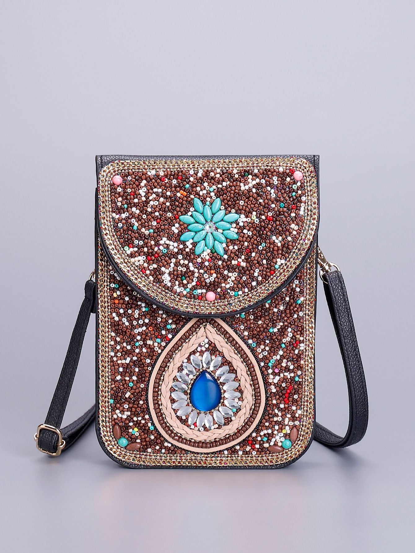 Women Ethnic Style Beaded Crossbody Bag, Handmade Turquoise Red Phone Bag