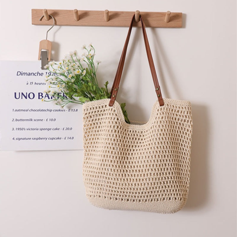 Women Casual Hollow Shoulder Cotton Woven New Lazy Handheld Beach Bag