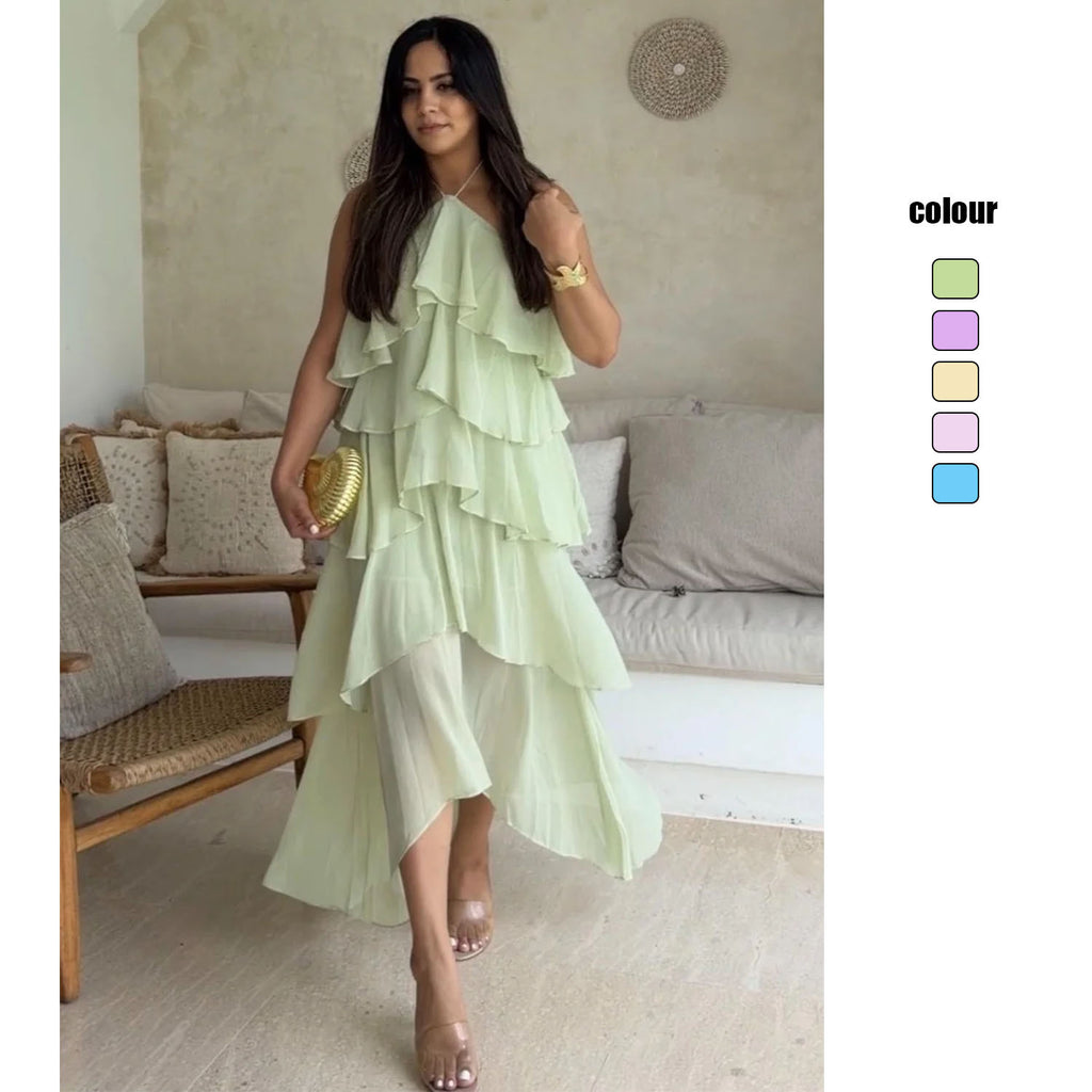 Ruffled Elegant Halter Neck Cake Chiffon Dress