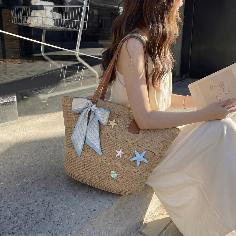 Women New Straw Picnic Woven Beach Handheld Tote Bag