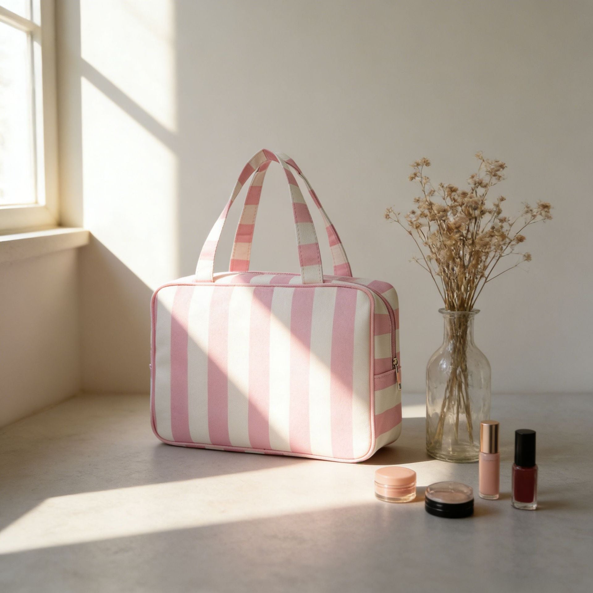 Pink White Striped Canvas Cosmetic Travel Bag