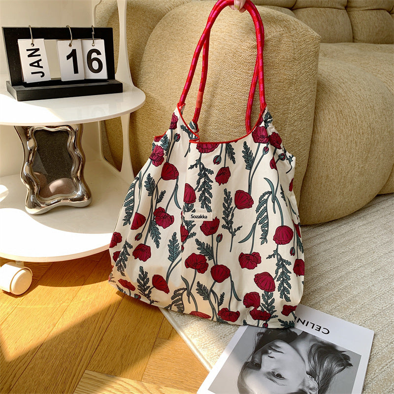 Korean Large Capacity Drawstring Floral Tote Bag