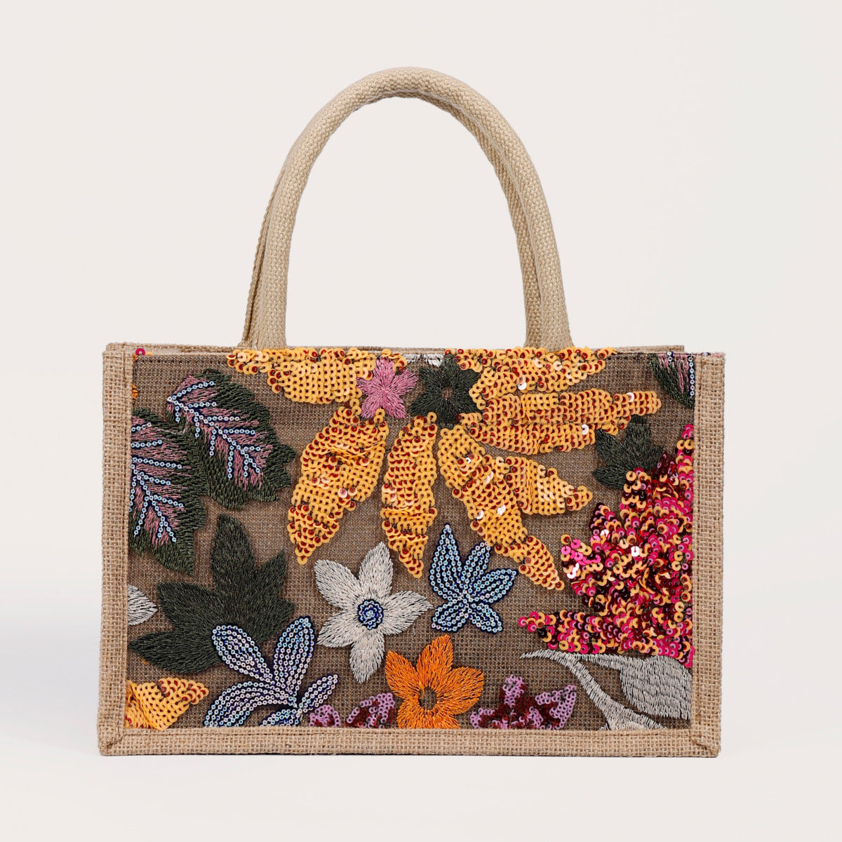 Women Sequin Embroidered Woven Tote Bag, Fashion Large Capacity Handbag