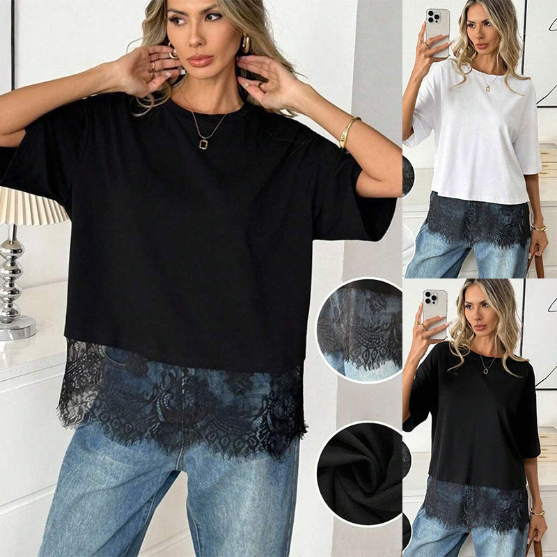 Women Round Neck Lace Splicing Loose T-Shirt