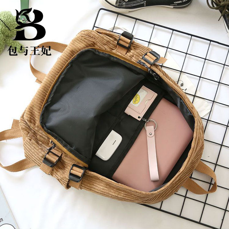 2026 New Corduroy Backpack Female Junior High School Student School Bag Korean Version Versatile College Student Travel Backpack Female