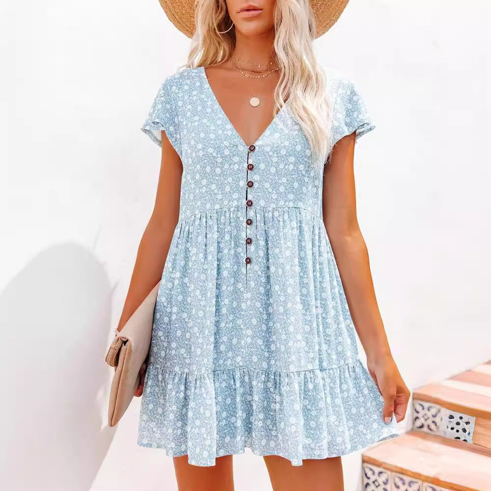 V-Neck Button Floral Short-Sleeve Loose Casual Dress