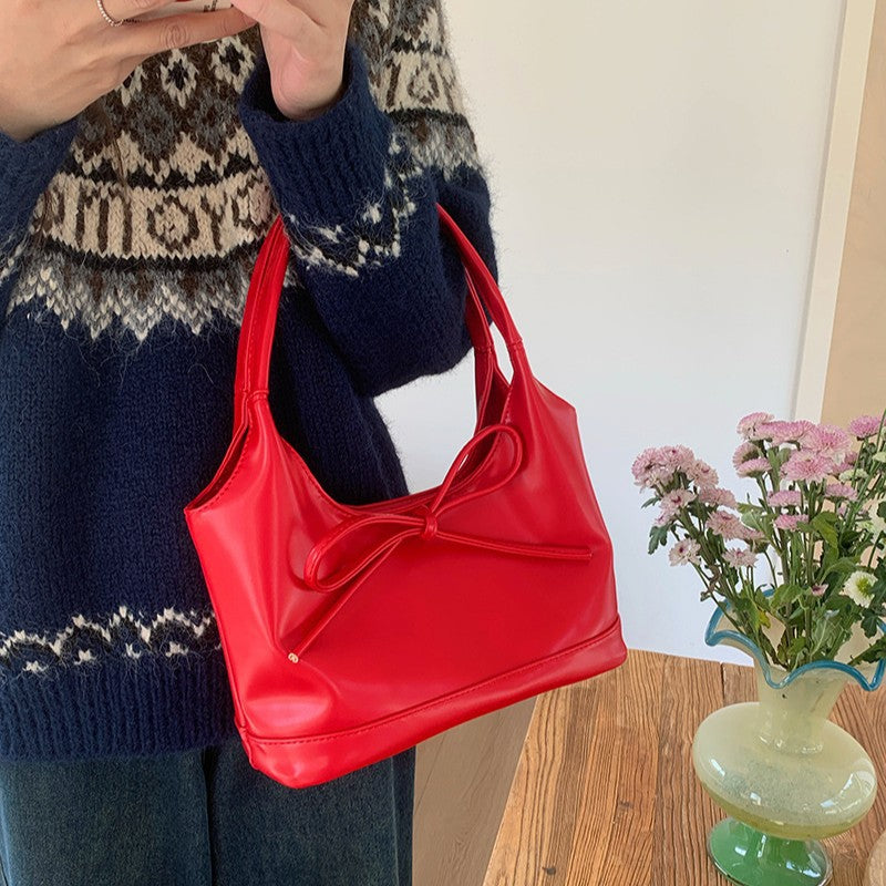 Women Retro Red Bow Large Capacity Shoulder Tote Bag