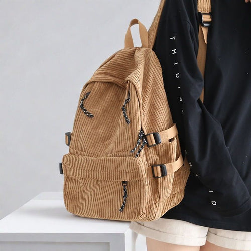 2026 New Corduroy Backpack Female Junior High School Student School Bag Korean Version Versatile College Student Travel Backpack Female