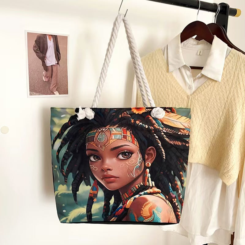 High-End Ethnic Canvas Hemp Rope Armpit Tote
